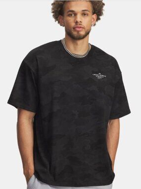 UNDER ARMOUR MENS ATHLETIC DEPARTMENT BLACK CAMO PRINTED HEAVYWEIGHT SS SHIRT